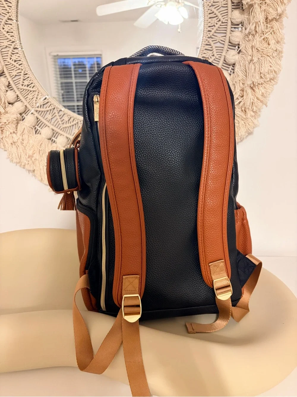 LIKE NEW Itzy Ritzy Boss Bag Leather + Herringbone Diaper Backpack